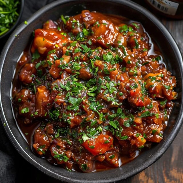 Vegetable manchurian gravy in a black bowl, golden-fried vegetable balls floating in glossy dark-red gravy with onion bell pepper specks, scallion garnish, fried rice in a small bowl beside