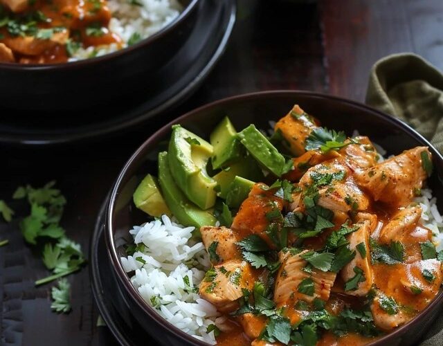 Chicken rice bowl with avocado on a wooden board, golden seared chicken cubes over fluffy white rice, half a sliced ripe avocado fanned across the top, fresh cilantro, lime wedges, drizzle of chipotle crema