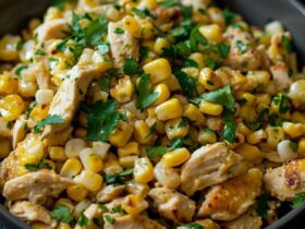 Chicken and corn salad in a white shallow bowl, shredded chicken tossed with golden charred corn kernels, halved cherry tomatoes, diced avocado, sliced red onion, cilantro leaves, cilantro-lime dressing