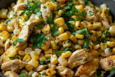 Chicken and corn salad in a white shallow bowl, shredded chicken tossed with golden charred corn kernels, halved cherry tomatoes, diced avocado, sliced red onion, cilantro leaves, cilantro-lime dressing