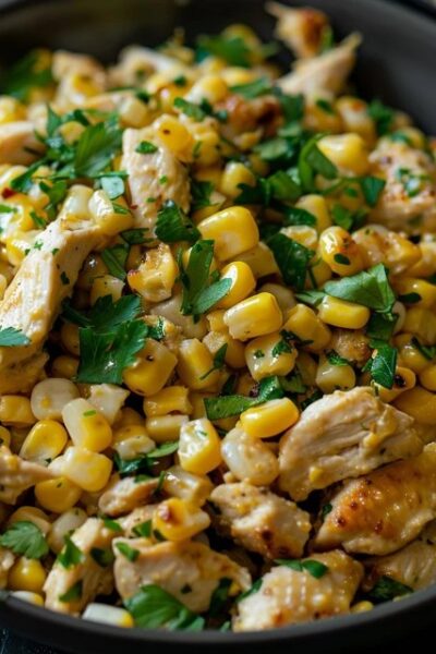 Chicken and corn salad in a white shallow bowl, shredded chicken tossed with golden charred corn kernels, halved cherry tomatoes, diced avocado, sliced red onion, cilantro leaves, cilantro-lime dressing