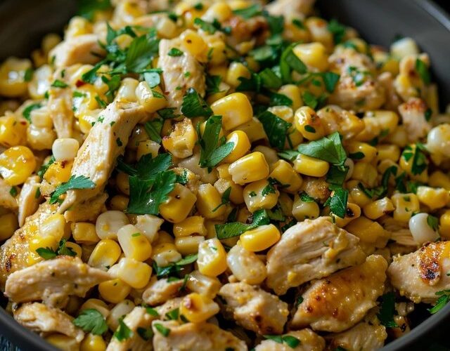 Chicken and corn salad in a white shallow bowl, shredded chicken tossed with golden charred corn kernels, halved cherry tomatoes, diced avocado, sliced red onion, cilantro leaves, cilantro-lime dressing