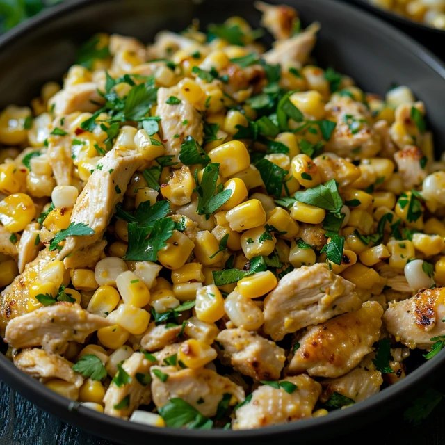 Chicken and corn salad in a white shallow bowl, shredded chicken tossed with golden charred corn kernels, halved cherry tomatoes, diced avocado, sliced red onion, cilantro leaves, cilantro-lime dressing