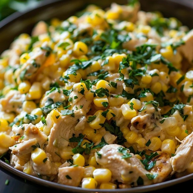 Close-up of chicken corn salad showing chunks of chicken, sweet golden corn, juicy red tomato halves, bright green avocado dice, vivid green cilantro, lime wedge on the rim