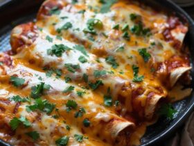 Cheesy baked chicken enchiladas in a white casserole dish, rolled flour tortillas covered in deep red enchilada sauce and bubbling melted cheese, charred spots, fresh cilantro and diced red onion sprinkled on top, sour cream dollop