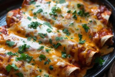 Cheesy baked chicken enchiladas in a white casserole dish, rolled flour tortillas covered in deep red enchilada sauce and bubbling melted cheese, charred spots, fresh cilantro and diced red onion sprinkled on top, sour cream dollop