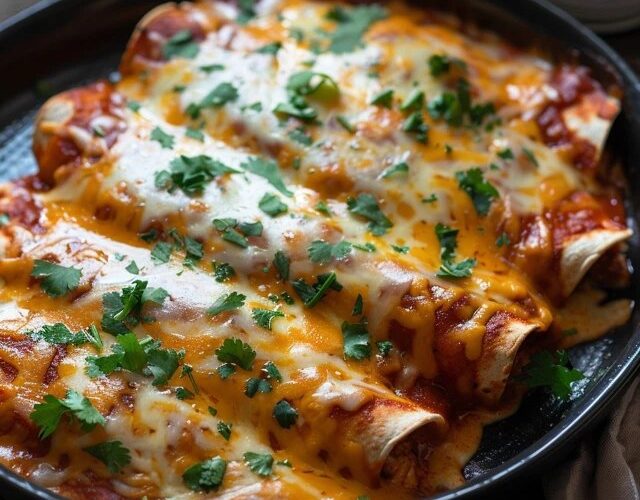 Cheesy baked chicken enchiladas in a white casserole dish, rolled flour tortillas covered in deep red enchilada sauce and bubbling melted cheese, charred spots, fresh cilantro and diced red onion sprinkled on top, sour cream dollop