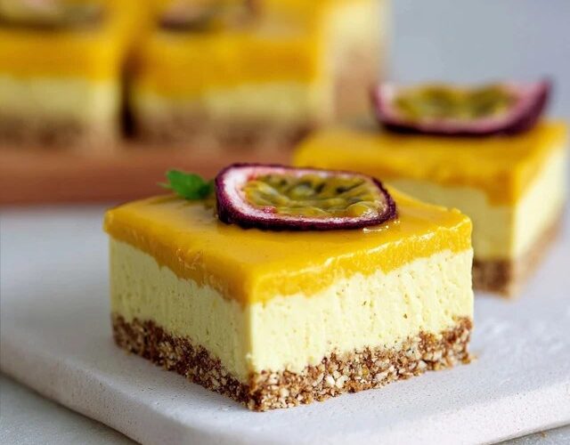 Passion fruit cheesecake bars stacked on a white marble board, golden graham cracker crust on the bottom, creamy white cheesecake layer in the middle, vibrant orange-yellow passion fruit topping with visible black seeds on top