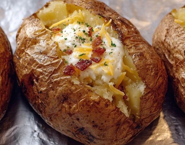 Loaded baked potato split open on a white plate, fluffy white potato interior topped with melted cheddar cheese, crispy crumbled bacon, sour cream dollop, sliced green chives, pat of butter melting, crispy salted skin