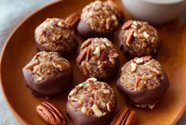 Chocolate pecan energy bites on a wooden board, dark chocolate-brown round balls rolled in chopped pecans and coconut, sliced open one showing oats, chunks of pecan and date inside, glass of milk beside