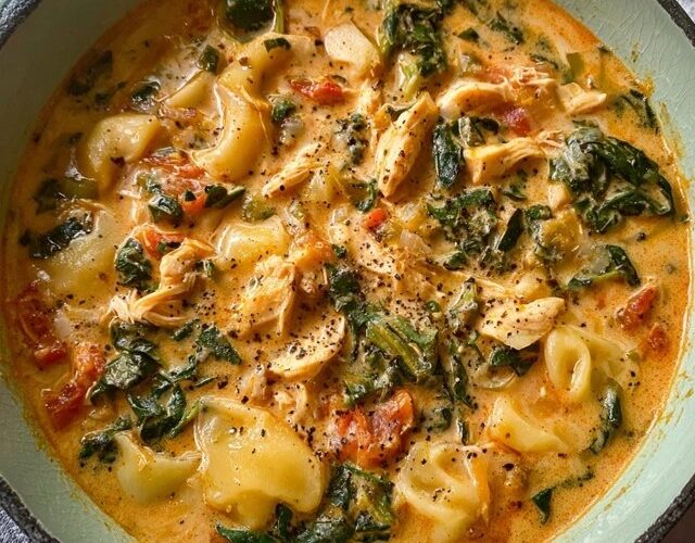 Creamy chicken tortellini soup in a white bowl, golden cream-colored broth filled with plump cheese tortellini, shredded chicken pieces, wilted green spinach leaves, diced carrots, parmesan sprinkled on top, crusty bread on the side