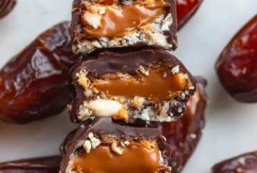 Chocolate caramel stuffed dates on a marble board, plump Medjool dates split open showing creamy nut butter and caramel filling, dipped in glossy dark chocolate, sprinkled with flaky sea salt and chopped pistachios