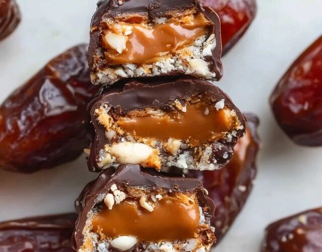 Chocolate caramel stuffed dates on a marble board, plump Medjool dates split open showing creamy nut butter and caramel filling, dipped in glossy dark chocolate, sprinkled with flaky sea salt and chopped pistachios