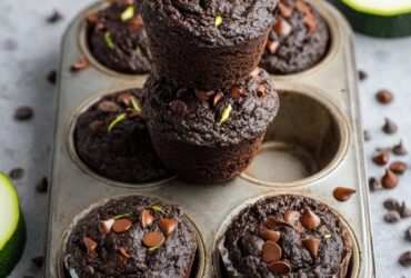 Chocolate zucchini muffins on a cooling rack, dark chocolate-brown muffin tops domed and crackled, melted chocolate chip studs visible, one split open showing moist crumb with green zucchini flecks, sprinkled with extra chocolate chips