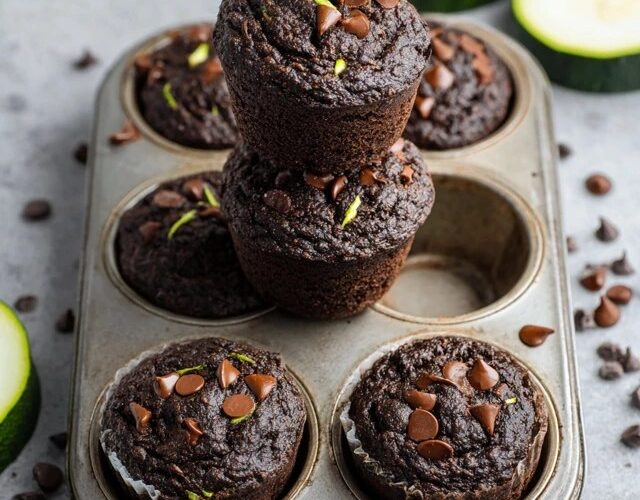 Chocolate zucchini muffins on a cooling rack, dark chocolate-brown muffin tops domed and crackled, melted chocolate chip studs visible, one split open showing moist crumb with green zucchini flecks, sprinkled with extra chocolate chips