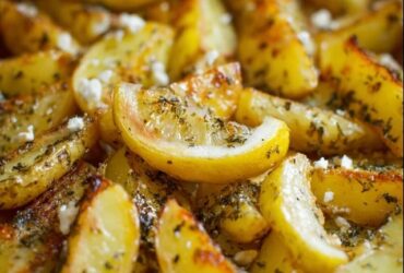 Lemon herb roasted potatoes on a sheet pan, golden-brown crispy potato wedges with charred edges, lemon zest specks, dried oregano flecks, minced garlic bits, fresh chopped parsley scattered, lemon wedges on the side