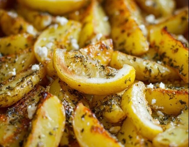 Lemon herb roasted potatoes on a sheet pan, golden-brown crispy potato wedges with charred edges, lemon zest specks, dried oregano flecks, minced garlic bits, fresh chopped parsley scattered, lemon wedges on the side