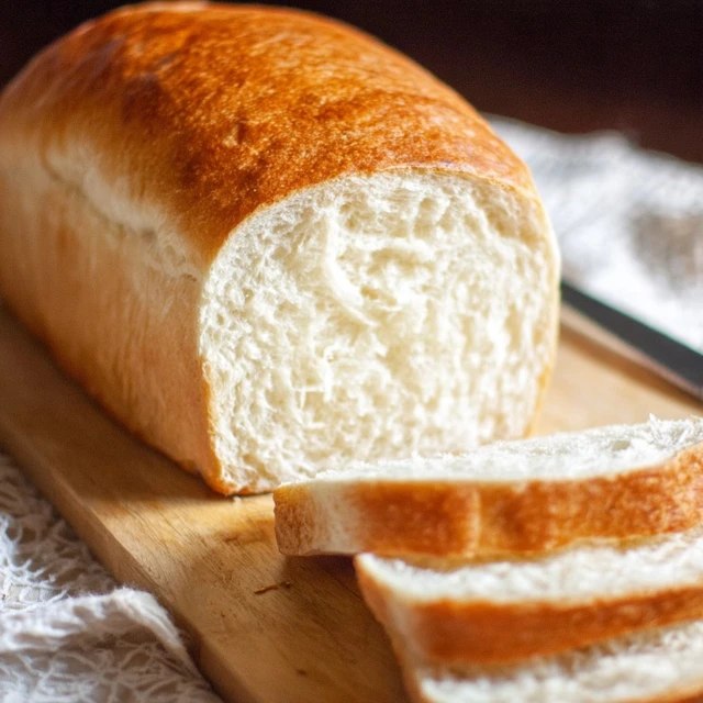 White sandwich bread sliced on a wooden cutting board, golden-brown crust with pillowy soft white interior, even uniform crumb structure visible in cut slices, butter dish and knife beside, kitchen towel underneath