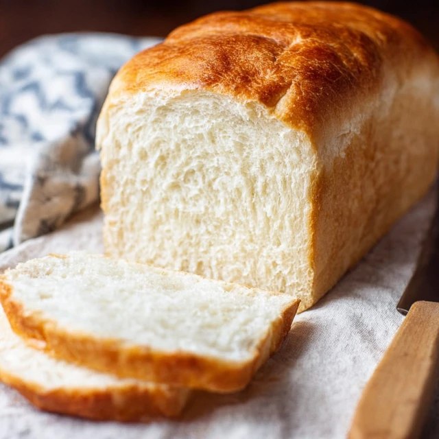 Close-up of homemade white bread slice showing tender fluffy crumb texture with tiny uniform air pockets, perfectly square slice for sandwiches, soft white interior contrasted with golden crust