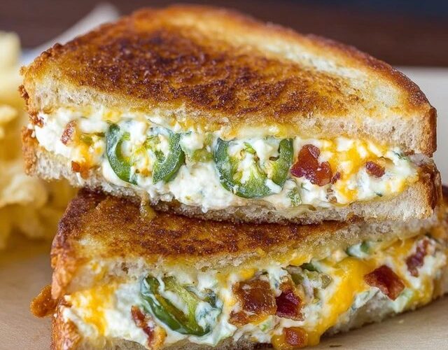 Jalapeño popper grilled cheese cut in half on a wooden board, golden-brown buttery toasted sourdough bread, cheesy melted cream cheese and cheddar stretchy pull, crispy bacon pieces, sliced pickled jalapeños visible in the gooey filling