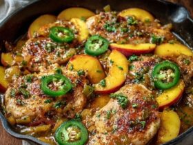 Spicy peach glazed chicken thighs in a cast iron skillet, glossy mahogany peach-soy glaze coating bone-in chicken with crispy golden skin, slices of fresh peach caramelized on top, sesame seeds and sliced green onions scattered