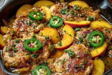 Spicy peach glazed chicken thighs in a cast iron skillet, glossy mahogany peach-soy glaze coating bone-in chicken with crispy golden skin, slices of fresh peach caramelized on top, sesame seeds and sliced green onions scattered