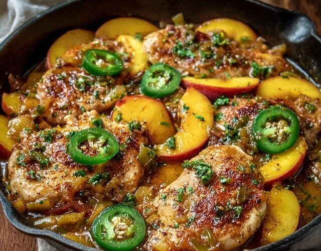 Spicy peach glazed chicken thighs in a cast iron skillet, glossy mahogany peach-soy glaze coating bone-in chicken with crispy golden skin, slices of fresh peach caramelized on top, sesame seeds and sliced green onions scattered