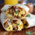 Breakfast burrito cut in half on parchment paper, tightly rolled flour tortilla revealing fluffy scrambled eggs, crispy bacon strips, melted cheddar cheese, crispy diced potato hash browns, red salsa, sliced avocado peeking out