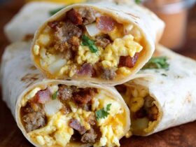 Breakfast burrito cut in half on parchment paper, tightly rolled flour tortilla revealing fluffy scrambled eggs, crispy bacon strips, melted cheddar cheese, crispy diced potato hash browns, red salsa, sliced avocado peeking out