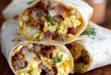 Breakfast burrito cut in half on parchment paper, tightly rolled flour tortilla revealing fluffy scrambled eggs, crispy bacon strips, melted cheddar cheese, crispy diced potato hash browns, red salsa, sliced avocado peeking out