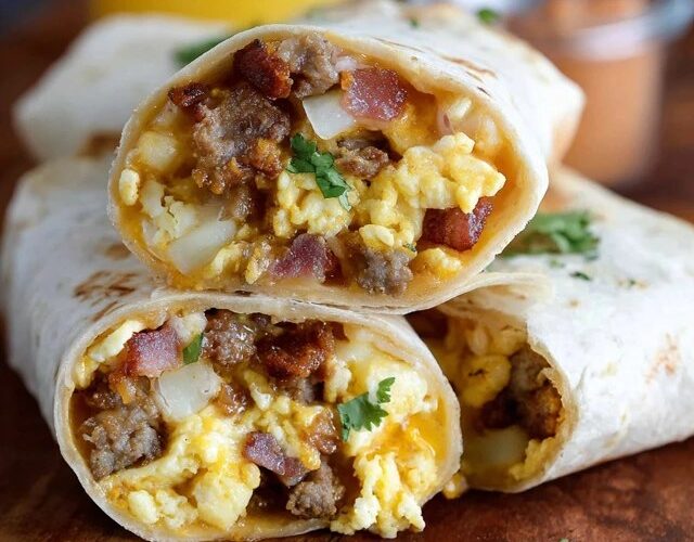 Breakfast burrito cut in half on parchment paper, tightly rolled flour tortilla revealing fluffy scrambled eggs, crispy bacon strips, melted cheddar cheese, crispy diced potato hash browns, red salsa, sliced avocado peeking out