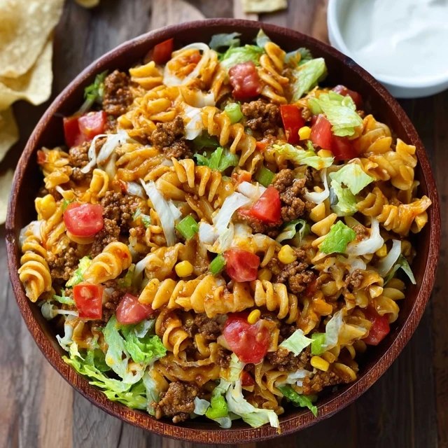 Taco pasta salad in a large white serving bowl, colorful rotini pasta mixed with seasoned ground beef, black beans, golden corn kernels, diced red tomato, shredded cheddar cheese, sliced green onions, crushed tortilla chips on top, creamy ranch-salsa dressing