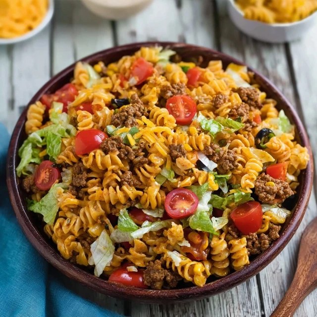 Close-up of taco pasta salad showing twisty rotini pasta coated in creamy dressing, browned beef bits, black beans, bright corn, red tomato cubes, orange cheese shreds, crunchy tortilla chip pieces, cilantro leaves