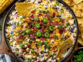Corn dip with bacon in a cast iron skillet, golden bubbly baked dip with melted cheese on top, sweet corn kernels visible, crispy bacon crumbles and diced jalapeño scattered on surface, sliced green onions, tortilla chips and crackers arranged around the skillet