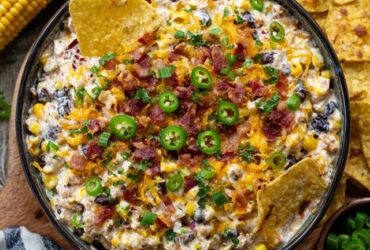 Corn dip with bacon in a cast iron skillet, golden bubbly baked dip with melted cheese on top, sweet corn kernels visible, crispy bacon crumbles and diced jalapeño scattered on surface, sliced green onions, tortilla chips and crackers arranged around the skillet