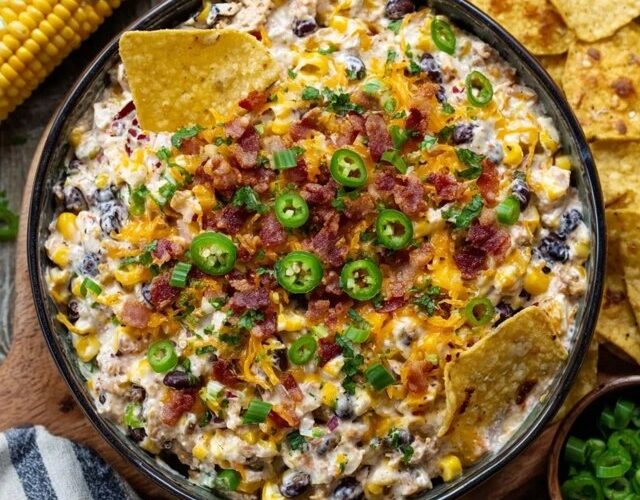 Corn dip with bacon in a cast iron skillet, golden bubbly baked dip with melted cheese on top, sweet corn kernels visible, crispy bacon crumbles and diced jalapeño scattered on surface, sliced green onions, tortilla chips and crackers arranged around the skillet