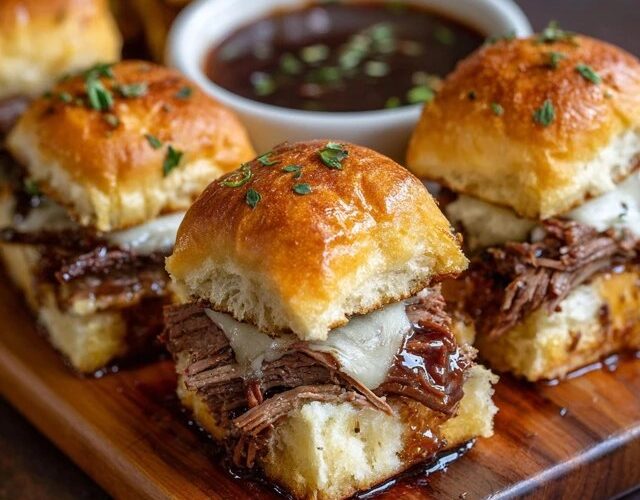 Beef brisket sliders on a wooden board, soft golden Hawaiian rolls split open and stuffed with juicy shredded smoked brisket, glossy BBQ sauce, creamy coleslaw with shredded cabbage and carrot, melted cheese, sesame seed buns topped with butter glaze