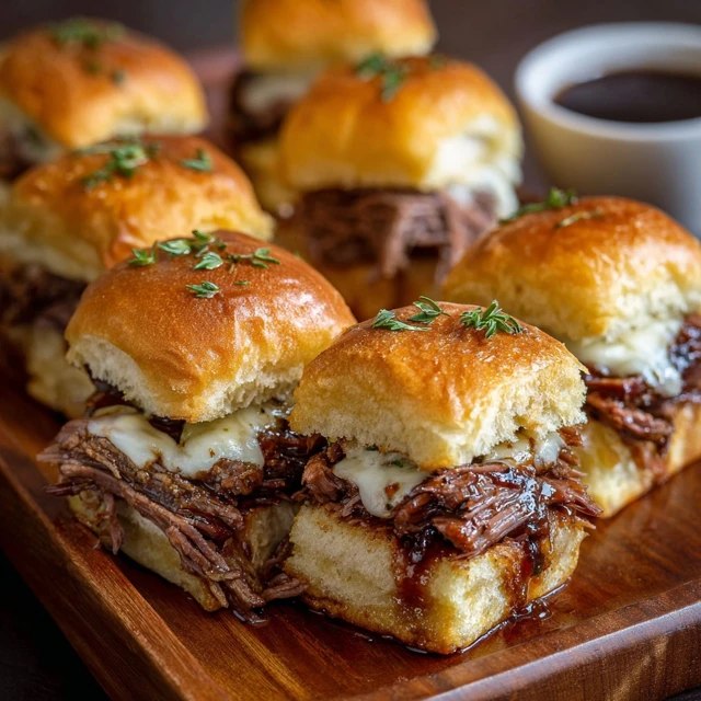 Close-up of one brisket slider cross-section showing tender pulled brisket strands soaked in BBQ sauce, crispy slaw with mayo dressing, melted cheddar, fluffy buttery Hawaiian bun, juices dripping
