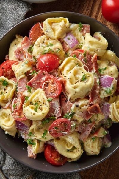 Tortellini salad with bacon in a large white serving bowl, plump cheese tortellini tossed with crispy bacon pieces, fresh baby spinach leaves, halved cherry tomatoes, sliced red onion, shredded parmesan, glossy Italian vinaigrette dressing coating everything, fresh basil leaves on top