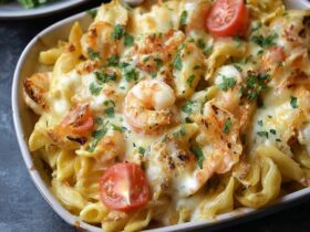 Shrimp pasta bake in a white ceramic baking dish, bubbly golden cheese-browned top revealing pink shrimp peeking through, penne pasta tossed in creamy tomato sauce, fresh basil leaves scattered, garlic bread on the side