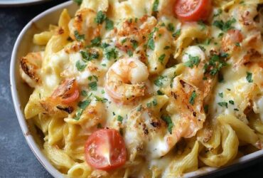 Shrimp pasta bake in a white ceramic baking dish, bubbly golden cheese-browned top revealing pink shrimp peeking through, penne pasta tossed in creamy tomato sauce, fresh basil leaves scattered, garlic bread on the side