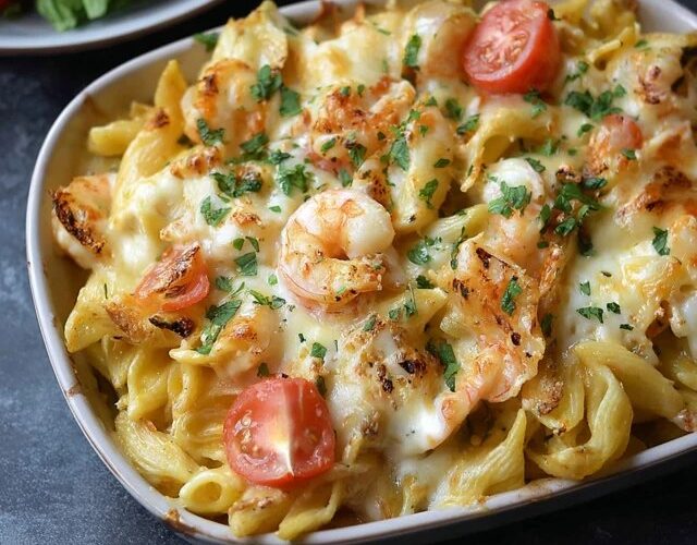 Shrimp pasta bake in a white ceramic baking dish, bubbly golden cheese-browned top revealing pink shrimp peeking through, penne pasta tossed in creamy tomato sauce, fresh basil leaves scattered, garlic bread on the side