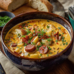 Creamy potato sausage soup in a white bowl, chunks of Yukon gold potatoes and crumbled Italian sausage in a velvety cream broth, garnished with fresh parsley and crispy bacon bits, crusty bread roll on the side