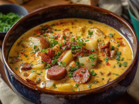 Creamy potato sausage soup in a white bowl, chunks of Yukon gold potatoes and crumbled Italian sausage in a velvety cream broth, garnished with fresh parsley and crispy bacon bits, crusty bread roll on the side