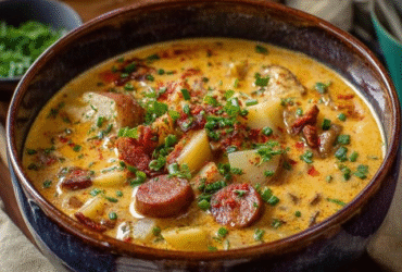 Creamy potato sausage soup in a white bowl, chunks of Yukon gold potatoes and crumbled Italian sausage in a velvety cream broth, garnished with fresh parsley and crispy bacon bits, crusty bread roll on the side