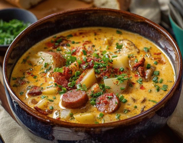 Creamy potato sausage soup in a white bowl, chunks of Yukon gold potatoes and crumbled Italian sausage in a velvety cream broth, garnished with fresh parsley and crispy bacon bits, crusty bread roll on the side