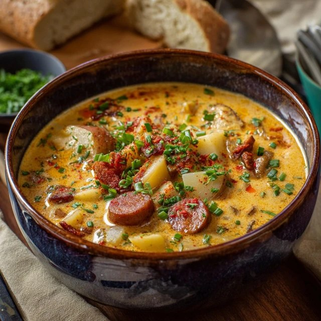 Creamy potato sausage soup in a white bowl, chunks of Yukon gold potatoes and crumbled Italian sausage in a velvety cream broth, garnished with fresh parsley and crispy bacon bits, crusty bread roll on the side