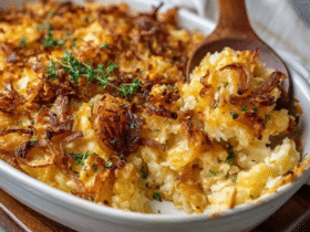 Cheesy potato casserole in a glass baking dish, golden bubbly cheddar top with crispy edges, creamy hash brown interior visible through serving spoon scoop, fresh chives sprinkled on top