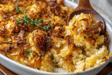Cheesy potato casserole in a glass baking dish, golden bubbly cheddar top with crispy edges, creamy hash brown interior visible through serving spoon scoop, fresh chives sprinkled on top