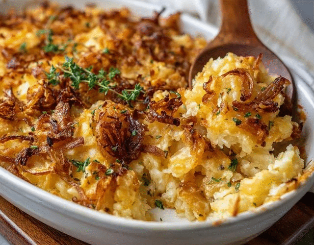 Cheesy potato casserole in a glass baking dish, golden bubbly cheddar top with crispy edges, creamy hash brown interior visible through serving spoon scoop, fresh chives sprinkled on top